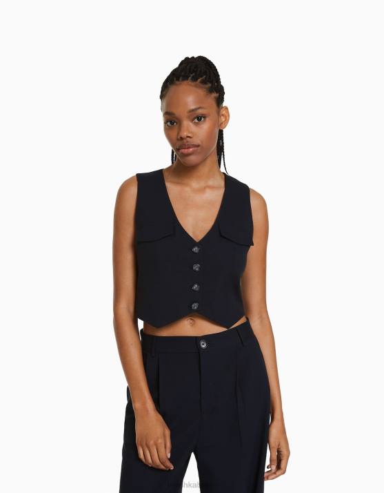 Dunkelblau Bershka Frauen maßgeschneiderte geknöpfte Weste H00J850