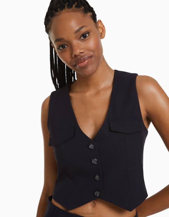 Dunkelblau Bershka Frauen maßgeschneiderte geknöpfte Weste H00J850