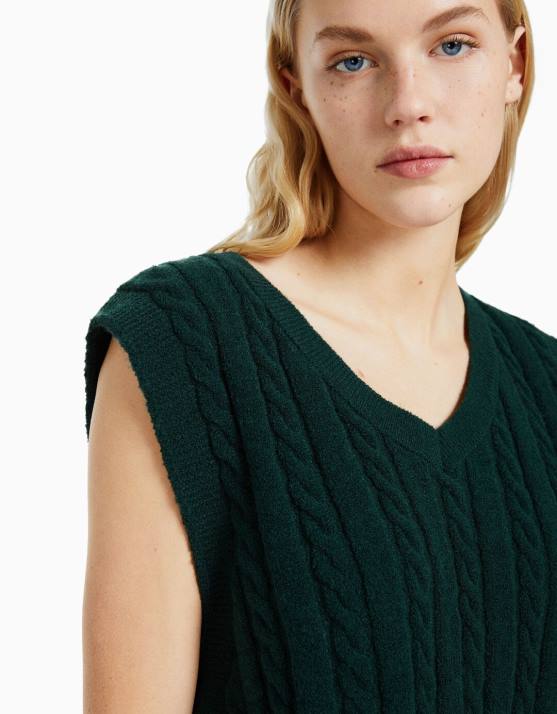 Grün Bershka Frauen Strickweste mit V-Ausschnitt H00J1053