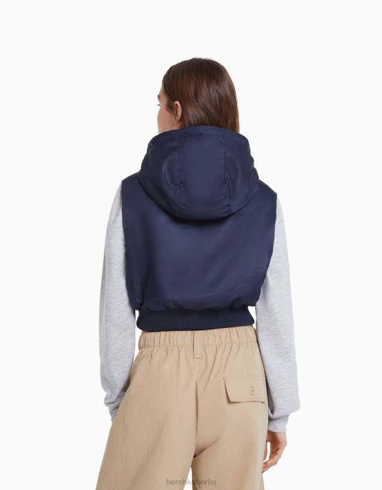 Marine Bershka Frauen Kurze Bomberweste mit Kapuze H00J1171