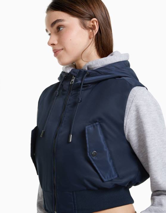 Marine Bershka Frauen Kurze Bomberweste mit Kapuze H00J1171