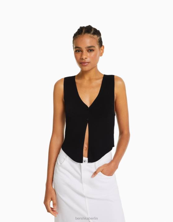 Schwarz Bershka Frauen geknöpfte Strickweste H00J657