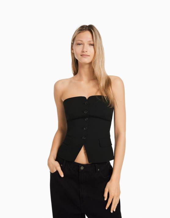 Schwarz Bershka Frauen maßgeschneiderte Weste mit freiliegenden Schultern H00J671