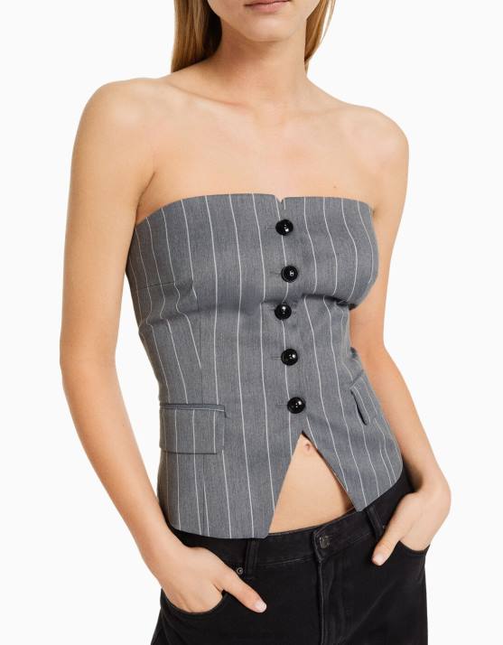 grau Bershka Frauen maßgeschneiderte Weste mit freiliegenden Schultern H00J670