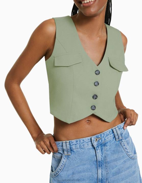 khaki Bershka Frauen maßgeschneiderte geknöpfte Weste H00J1196