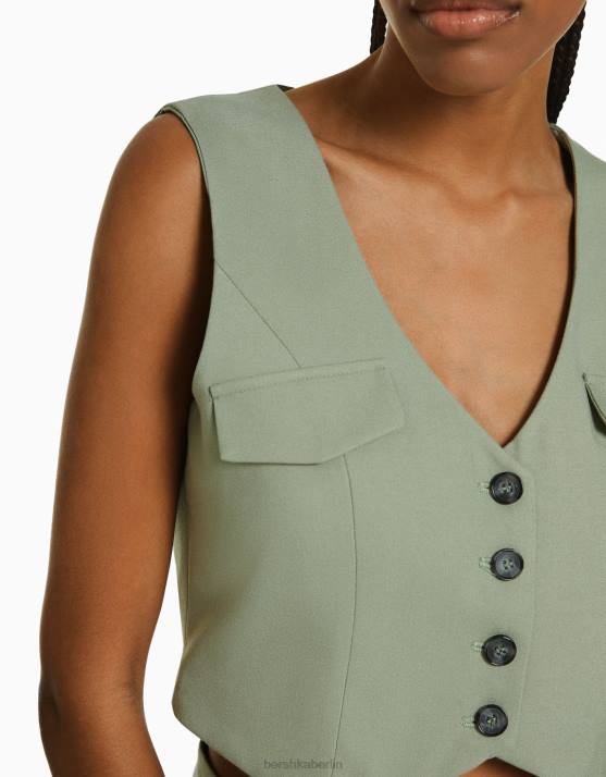 khaki Bershka Frauen maßgeschneiderte geknöpfte Weste H00J851