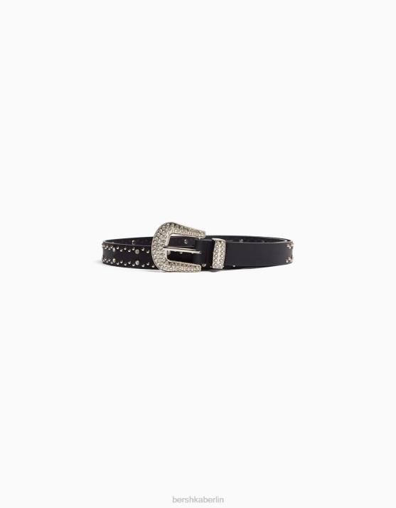 Schwarz Bershka Frauen Nietengürtel mit Strasssteinen H00J2538
