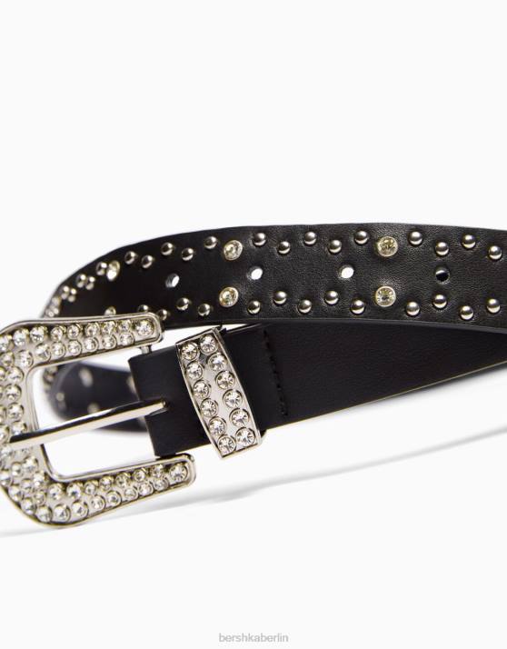 Schwarz Bershka Frauen Nietengürtel mit Strasssteinen H00J2538