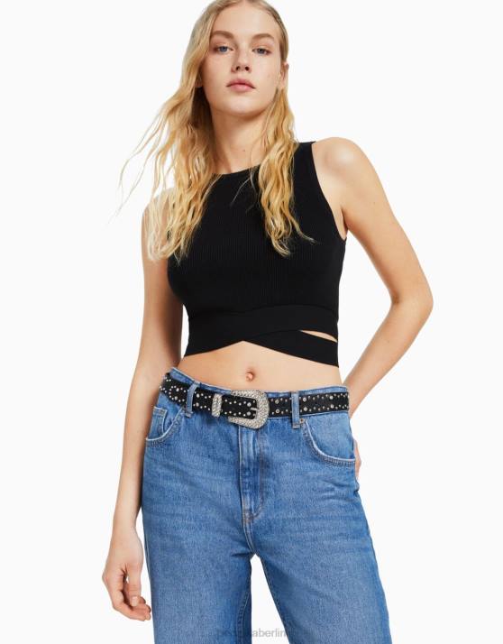 Schwarz Bershka Frauen Nietengürtel mit Strasssteinen H00J2538