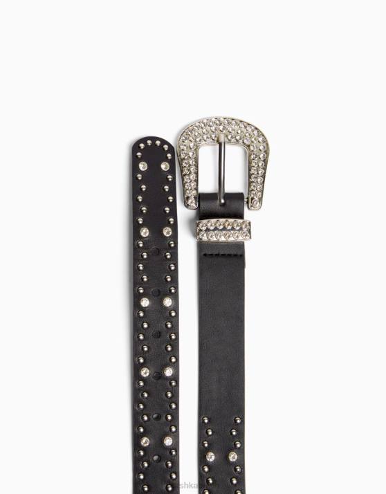 Schwarz Bershka Frauen Nietengürtel mit Strasssteinen H00J2538