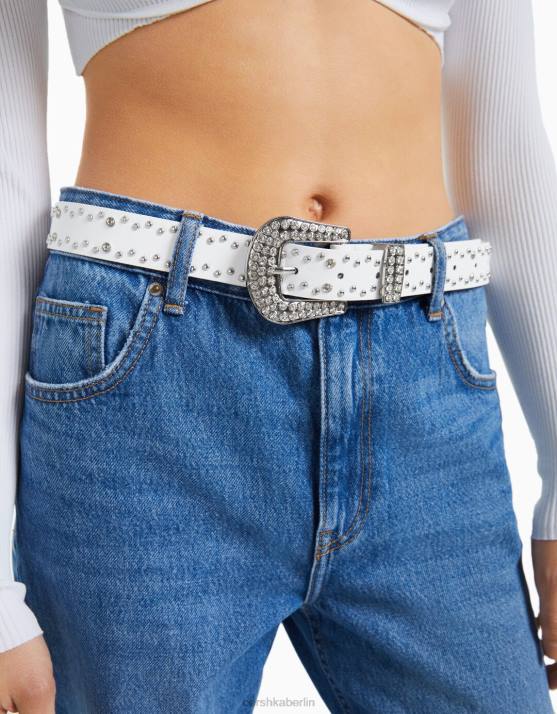 Weiss Bershka Frauen Nietengürtel mit Strasssteinen H00J2540