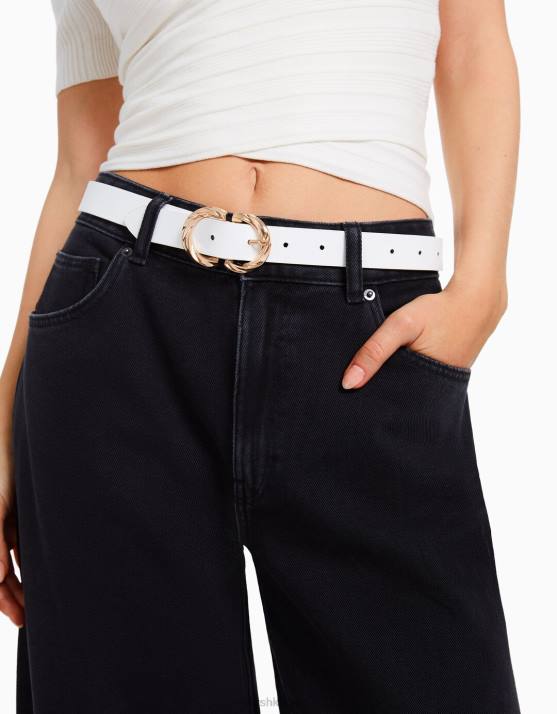 Weiss Bershka Frauen dünner Gürtel mit Doppelschnalle H00J2552