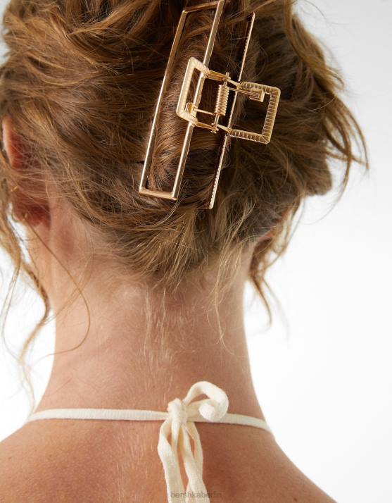 Gold Bershka Frauen Rechteckige Haarspange mit Metalleffekt H00J2563