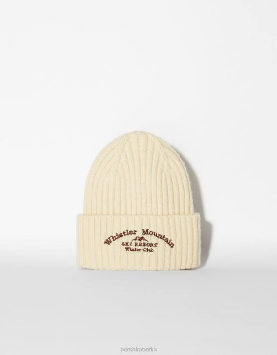 Creme Bershka Frauen Gerippte Mütze mit Stickerei H00J2557