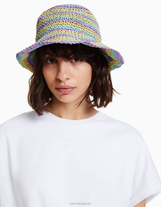 violett Bershka Frauen Gestreifter Fischerhut aus Bast H00J1871