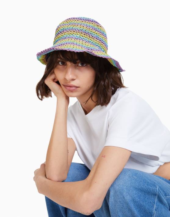 violett Bershka Frauen Gestreifter Fischerhut aus Bast H00J1871
