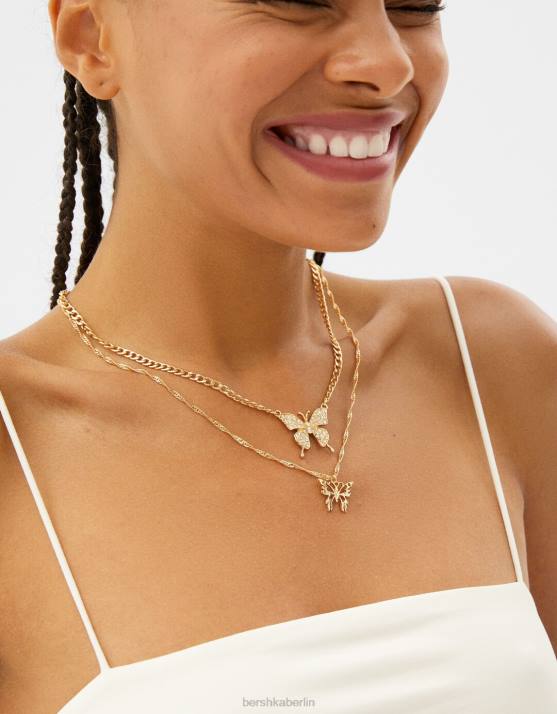 Gold Bershka Frauen Set mit 3 Schmetterlingsketten H00J2451