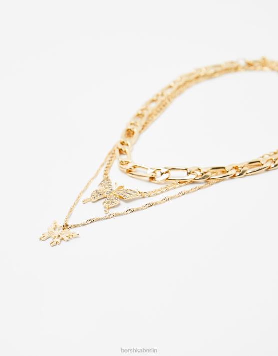 Gold Bershka Frauen Set mit 3 Schmetterlingsketten H00J2451