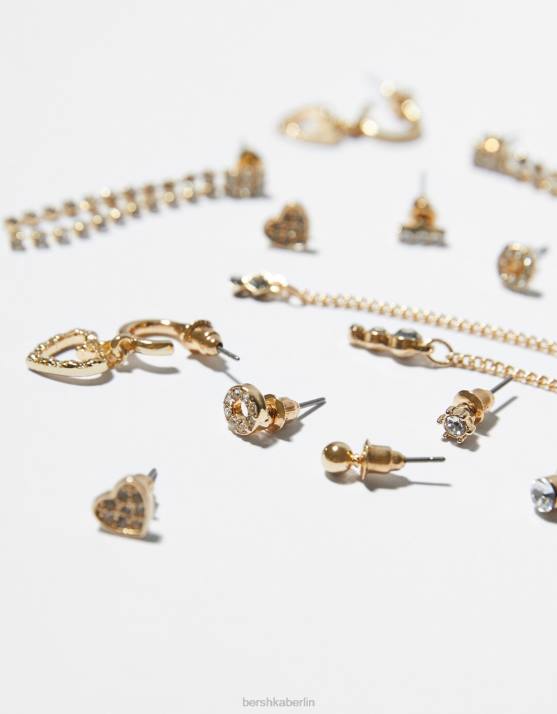 Gold Bershka Frauen Set mit 9 Ohrhängern und Schmucksteinen H00J2505