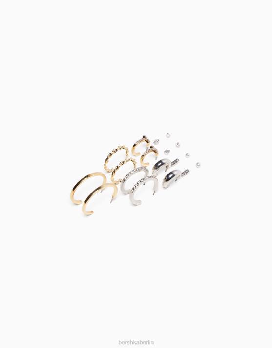 Gold Bershka Frauen Set mit 9 Strass-Creolen H00J2473