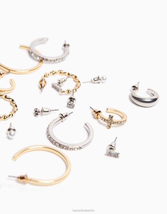 Gold Bershka Frauen Set mit 9 Strass-Creolen H00J2473