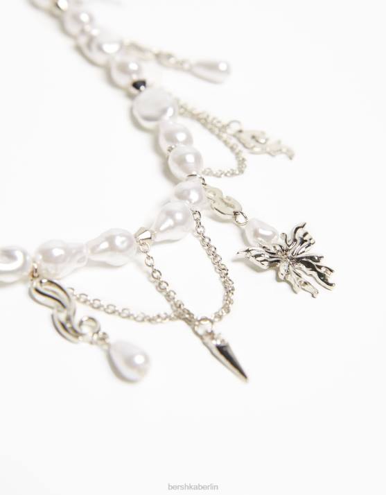 Silber Bershka Frauen Bauchkette mit Perlen und Anhängern H00J2440