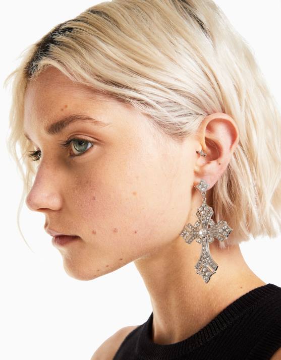 Silber Bershka Frauen Boho-Kreuz-Ohrringe H00J2487