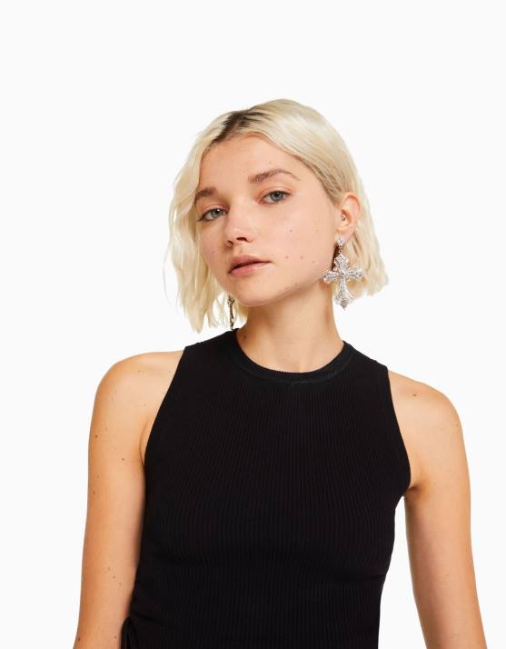 Silber Bershka Frauen Boho-Kreuz-Ohrringe H00J2487