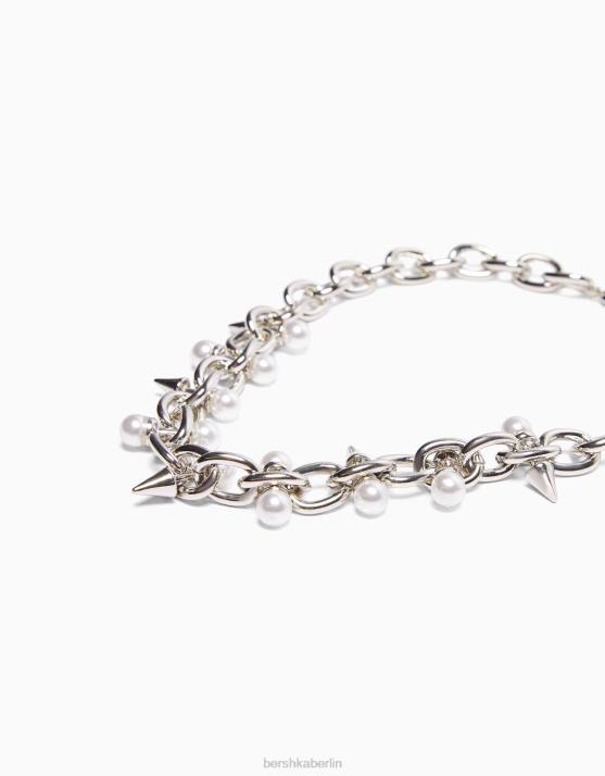 Silber Bershka Frauen Halskette mit Spikes aus Kunstperlen H00J2534