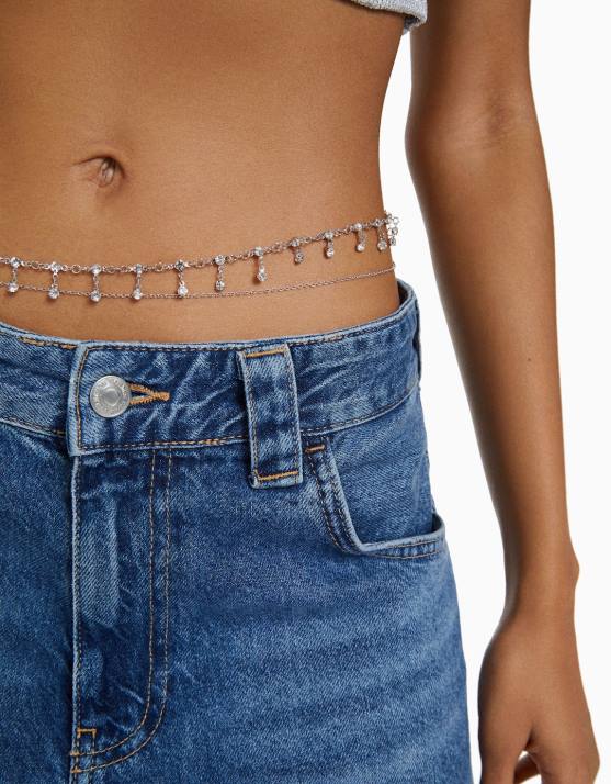 Silber Bershka Frauen Körperkette mit Strasssteinen H00J1911