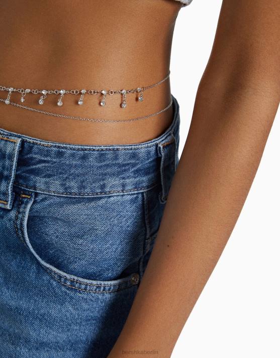 Silber Bershka Frauen Körperkette mit Strasssteinen H00J1911
