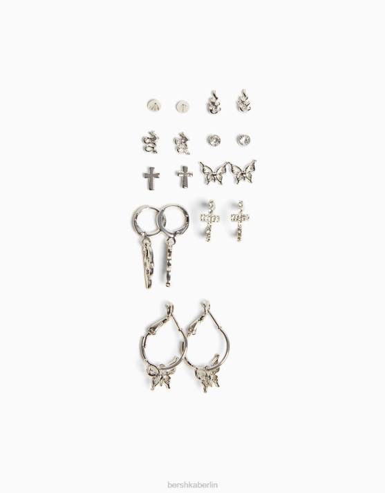 Silber Bershka Frauen Packung mit 9 ausgefallenen Ohrringen H00J2516