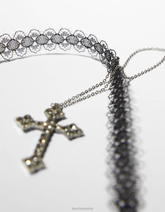 Silber Bershka Frauen Set aus 2 Spitzen-Halsketten und Kreuzketten H00J2444