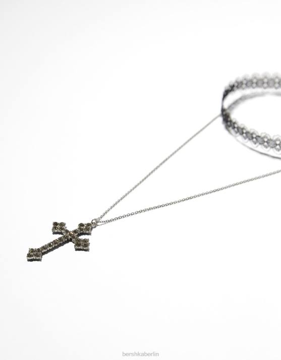 Silber Bershka Frauen Set aus 2 Spitzen-Halsketten und Kreuzketten H00J2444