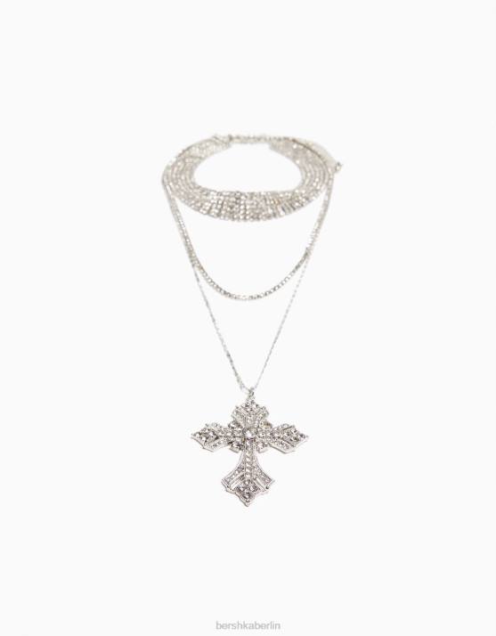 Silber Bershka Frauen Set aus 3 Halsketten mit Strasssteinen und Kreuzketten H00J2488