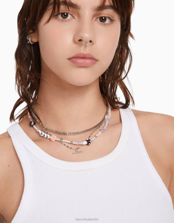 Silber Bershka Frauen Set mit 3 Perlenketten H00J2512