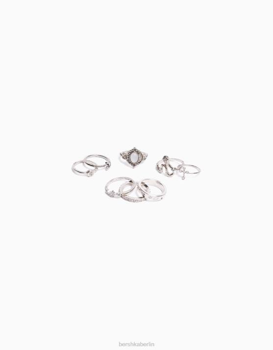 Silber Bershka Frauen Set mit 8 Boho-Ringen mit Kreuzen H00J2461