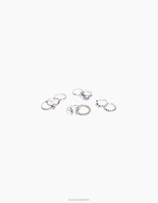 Silber Bershka Frauen Set mit 9 Ringen, teilweise mit Edelsteinen H00J2467