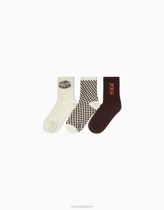 braun Bershka Frauen 3er-Pack Retro-Socken H00J2587