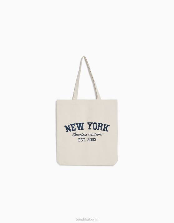 Creme Bershka Frauen Tragetasche aus bedrucktem Canvas H00J2361