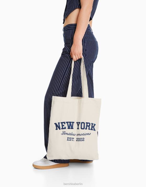 Creme Bershka Frauen Tragetasche aus bedrucktem Canvas H00J2361