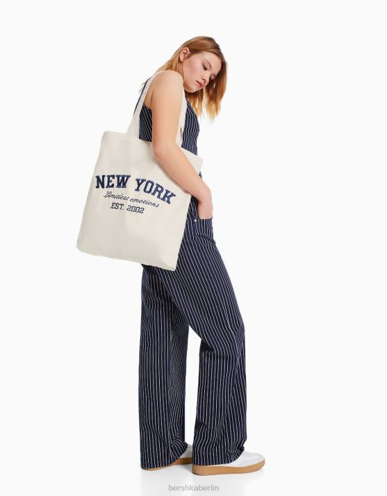 Creme Bershka Frauen Tragetasche aus bedrucktem Canvas H00J2361