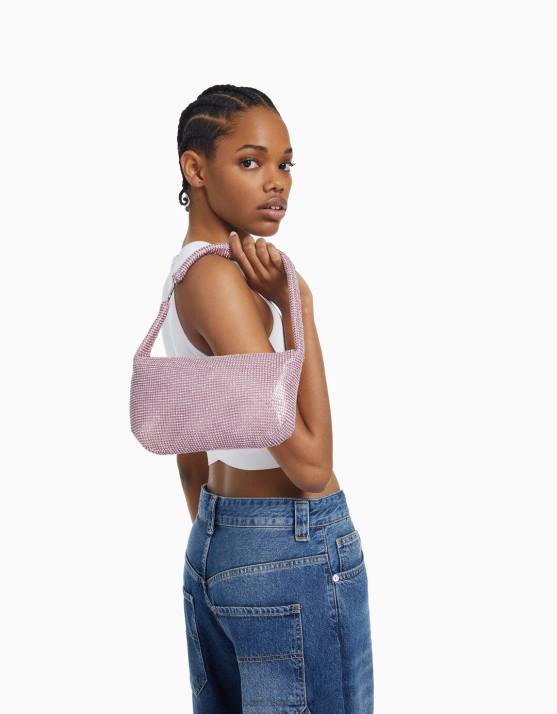 Rosa Bershka Frauen Strasstasche mit Henkel H00J1873