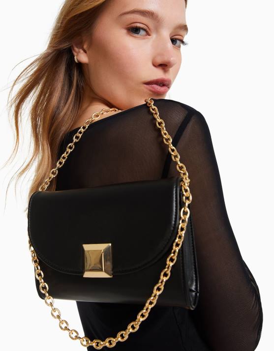 Schwarz Bershka Frauen Mini-Quadrat-Umhängetasche mit Details H00J2417