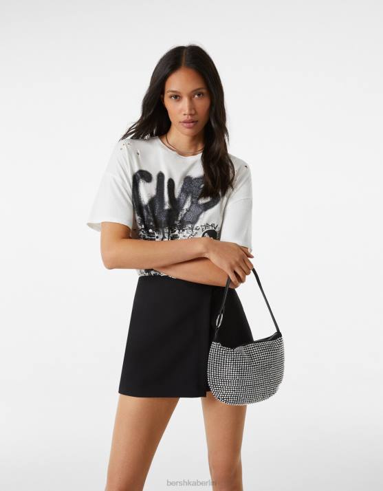 Schwarz Bershka Frauen Strasstasche mit Henkel H00J2387
