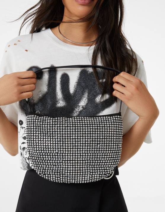 Schwarz Bershka Frauen Strasstasche mit Henkel H00J2387