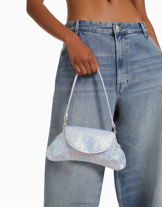 Silber Bershka Frauen Strasstasche mit Henkel H00J1824