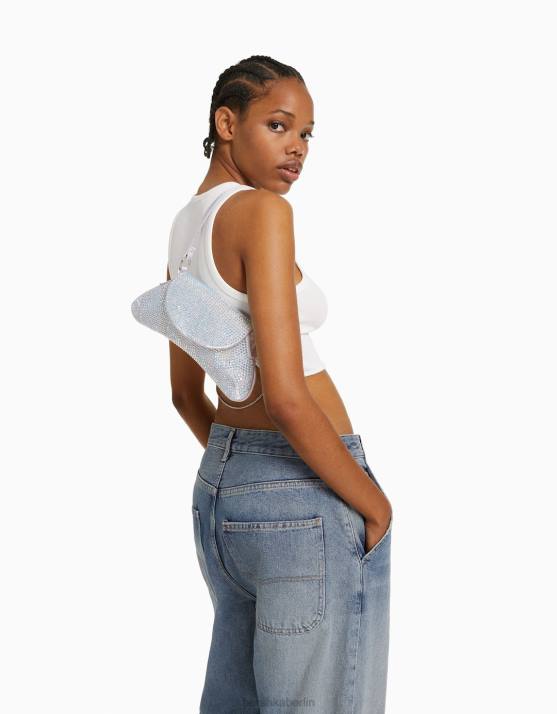 Silber Bershka Frauen Strasstasche mit Henkel H00J1824