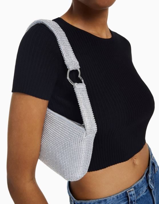 Silber Bershka Frauen Strasstasche mit Henkel H00J1868