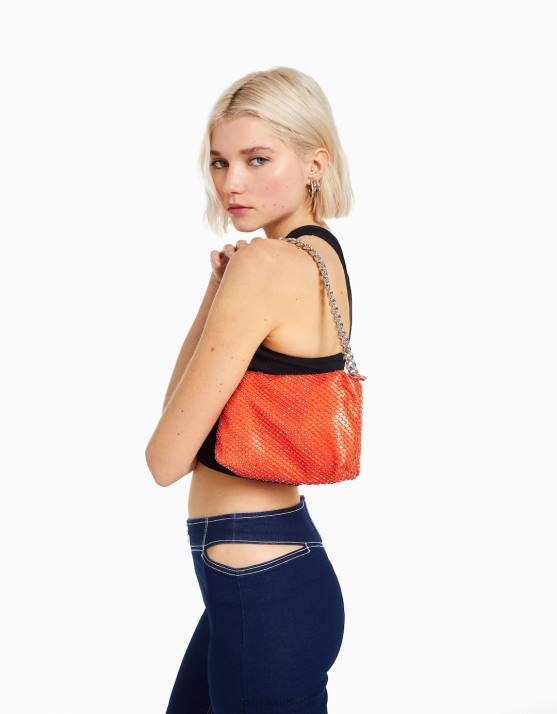 orange Bershka Frauen Netztasche mit Kettenriemen H00J2386